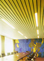 Gelbe Alu-Paneel-Decke mit Linienleuchten über einem Besprechungsbereich